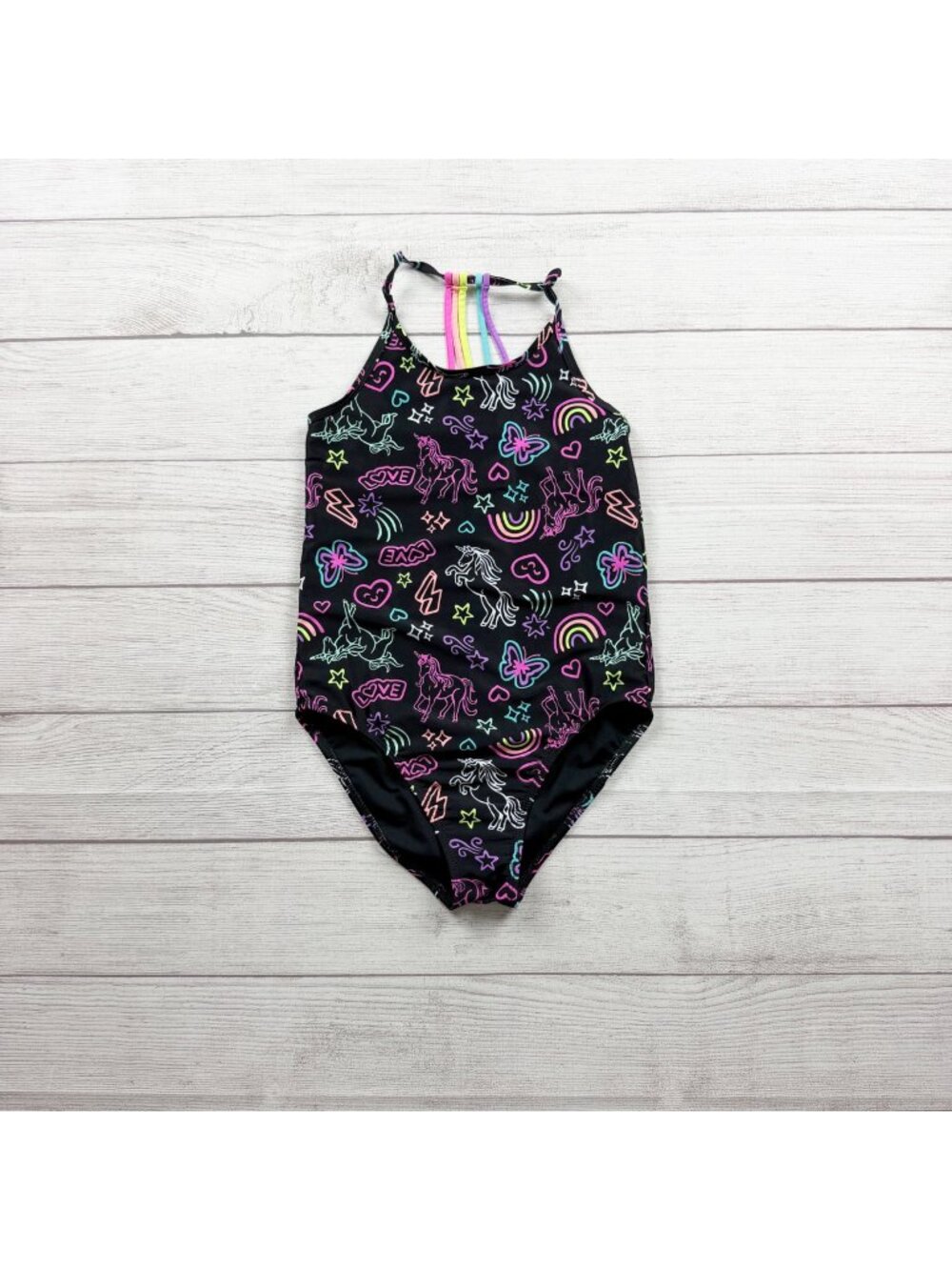 Children's Place Girls One Piece Swimsuit Neon Unicorn Rainbow Print L 10-12